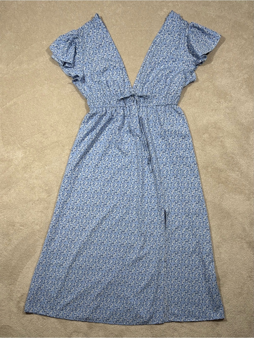 Cottagecore Boho Periwinkle Light Blue Floral Flutter Sleeve Maxi Dress Size L